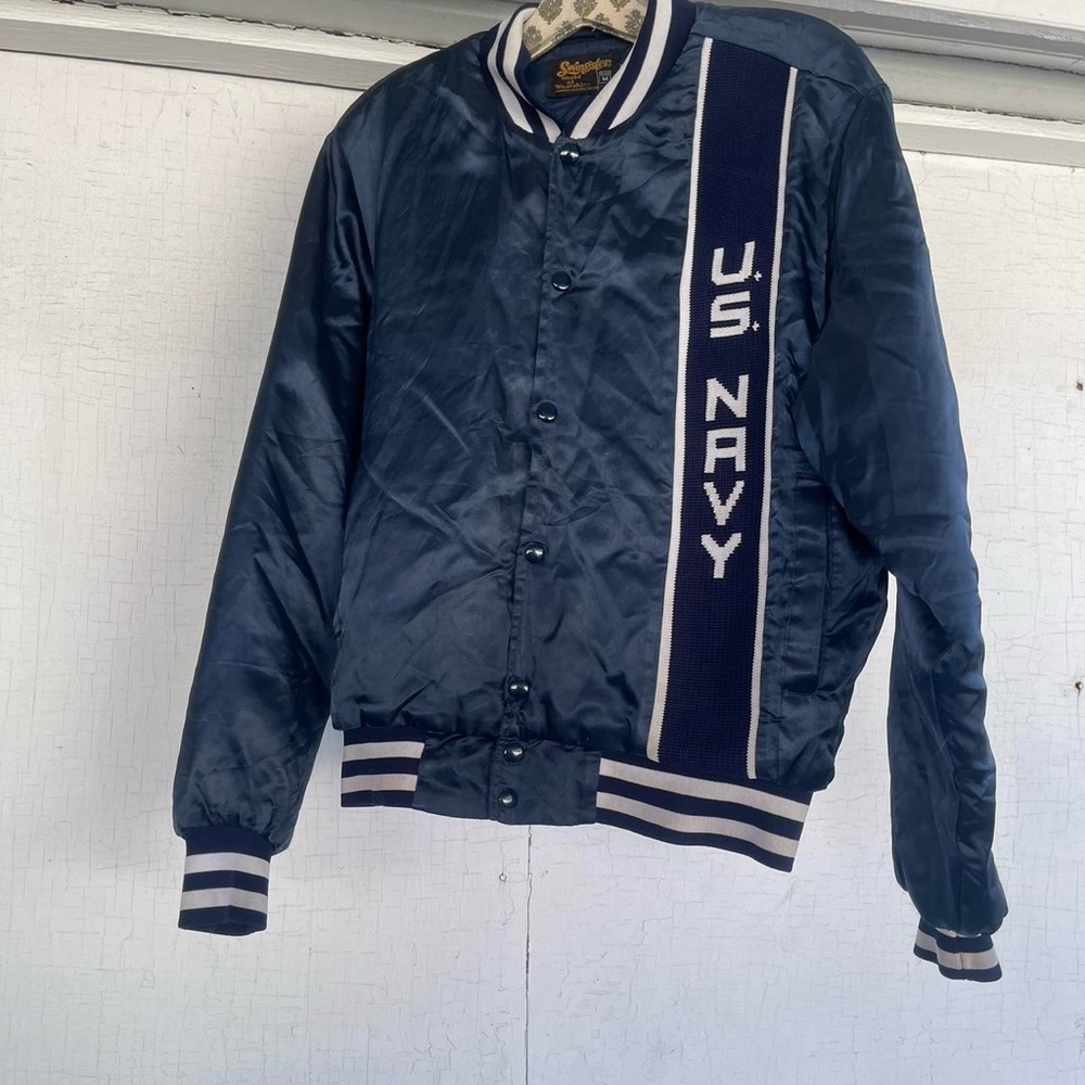 Vintage 80s navy blue silk bomber coaches jacket
